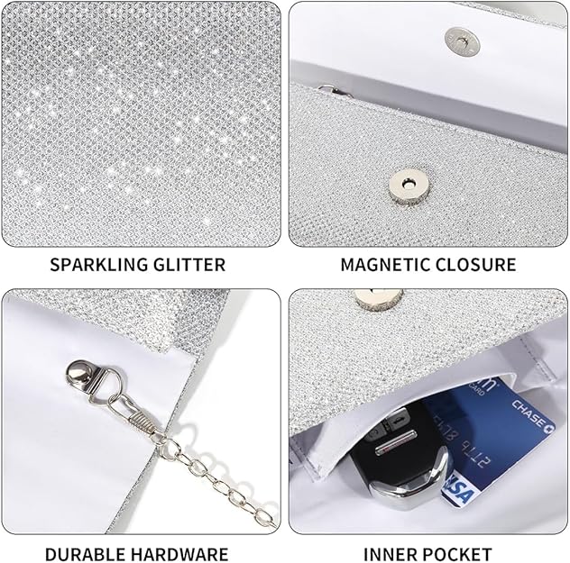 Versatile women's sparkle evening clutch handbag. Perfect glitter accessory for any elegant party or wedding.