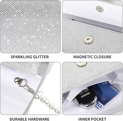 Versatile women's sparkle evening clutch handbag. Perfect glitter accessory for any elegant party or wedding.