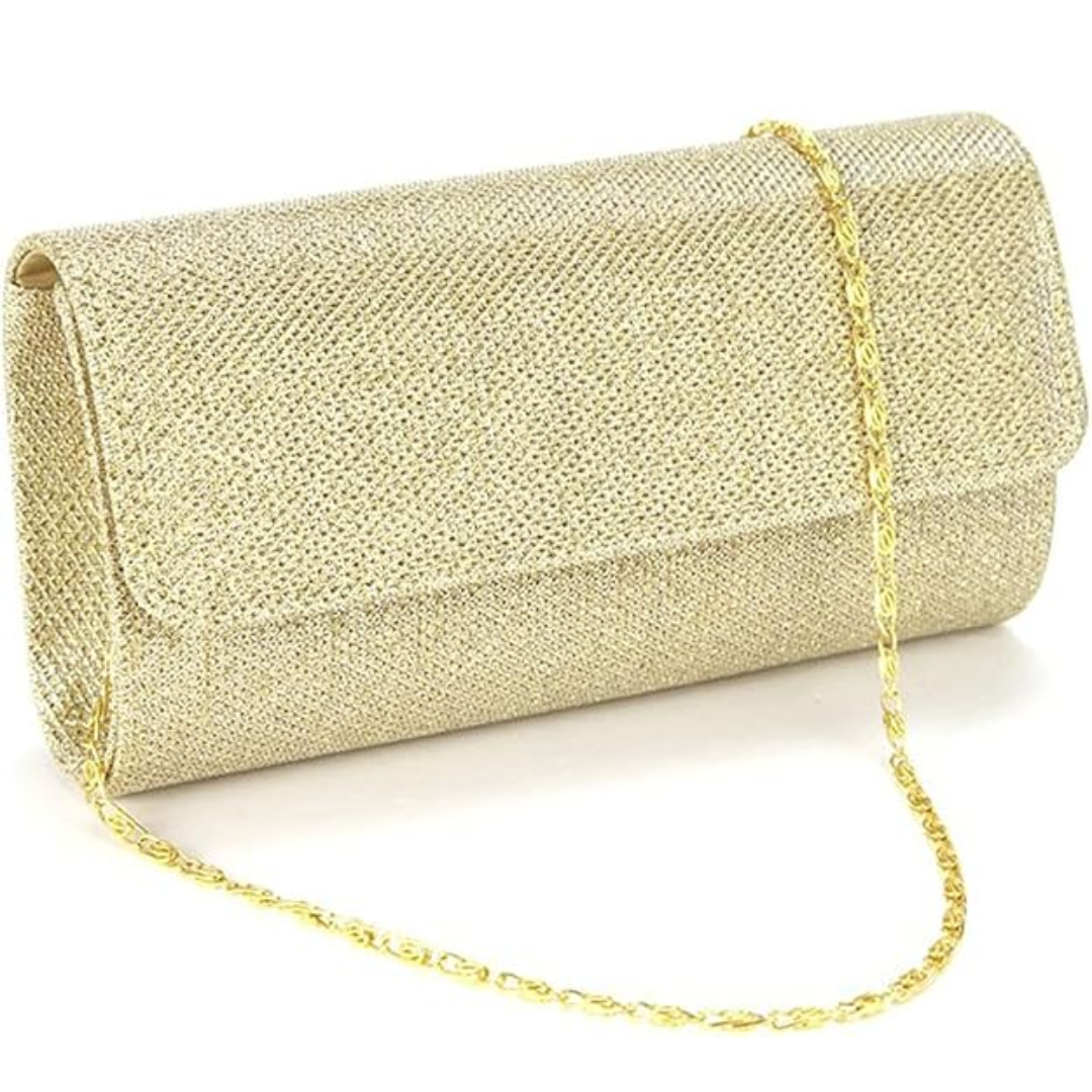 Stylish silver sparkle clutch evening handbag for women. Glamorous accessory for party & wedding fashion.