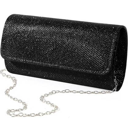 Elegant gold glitter clutch evening bag, a women's sophisticated accessory for formal parties & weddings.