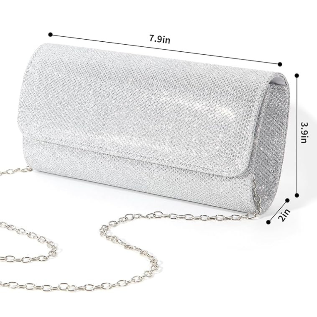 Chic black sparkle evening clutch handbag for women. Fashionable accessory for elegant party attire.