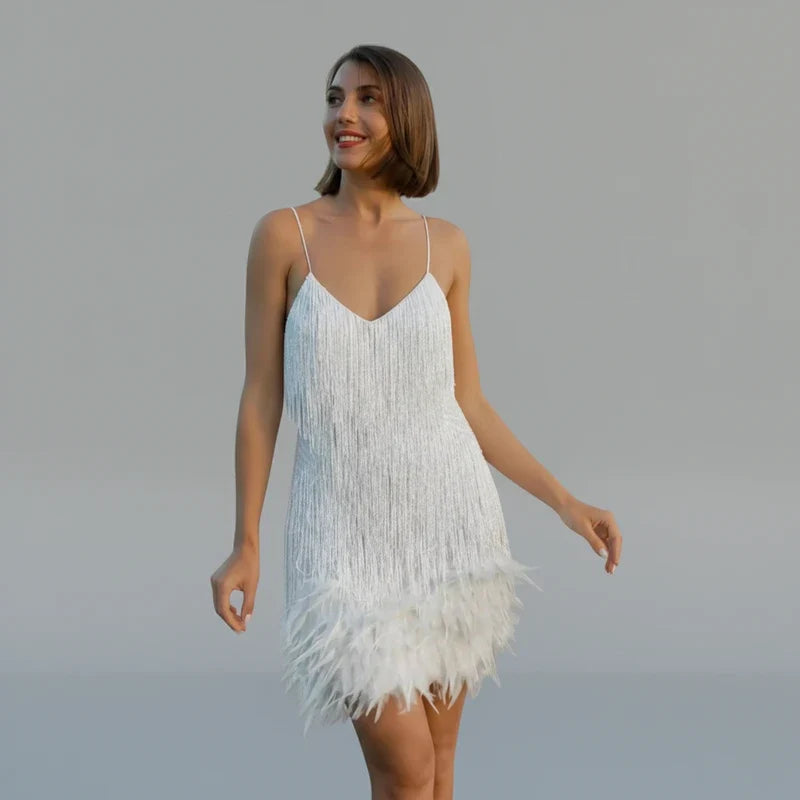 Women's statement fringe bodycon mini dress, ideal for glamorous parties, cocktails, or club nights.