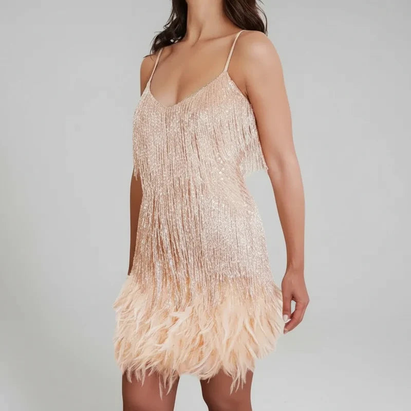 Women's glamorous fringe bodycon mini party dress, designed for a show-stopping night out look.