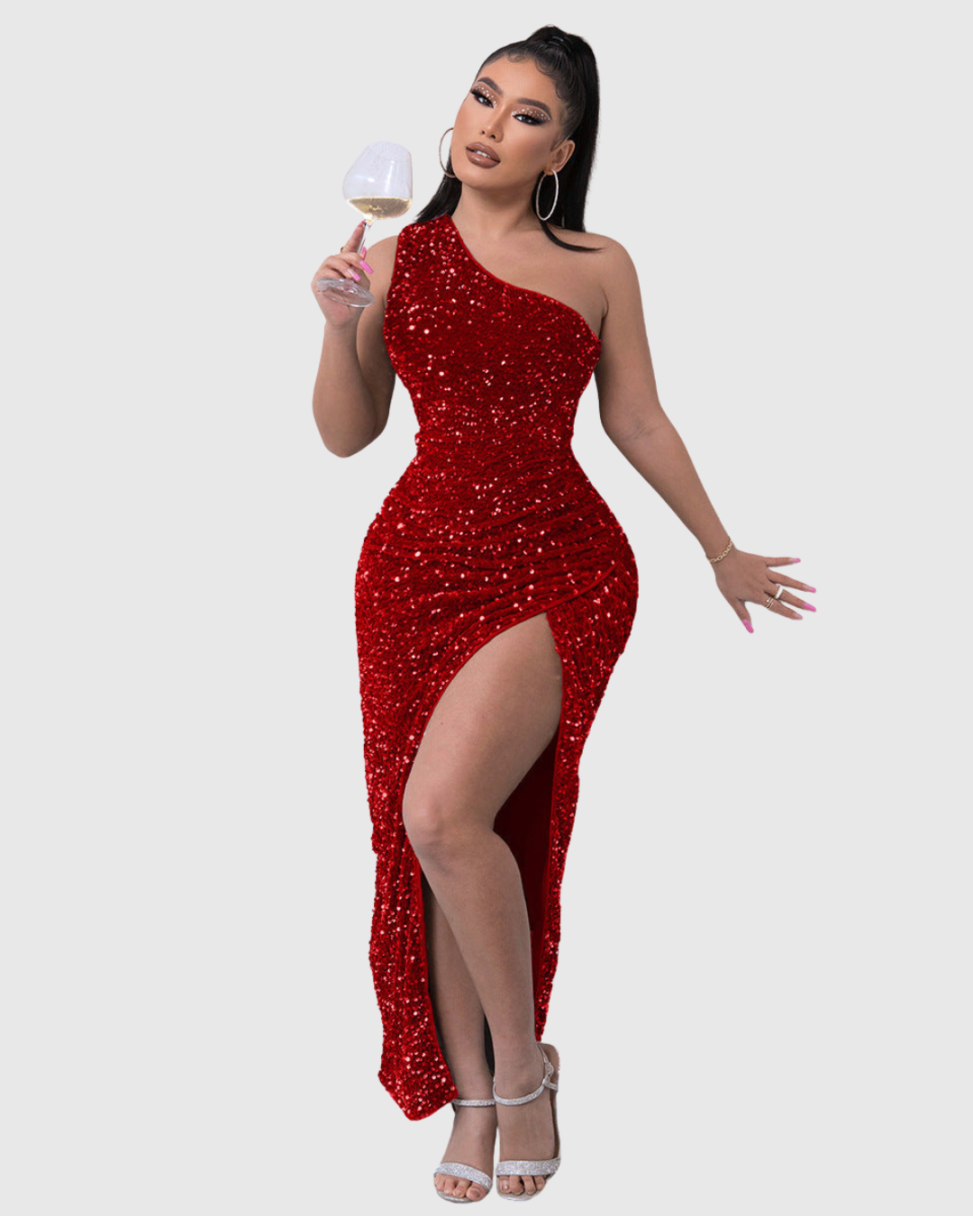 Stunning women's sequin one-shoulder dress, featuring intricate sequin detailing, a mermaid skirt, and high slit.
