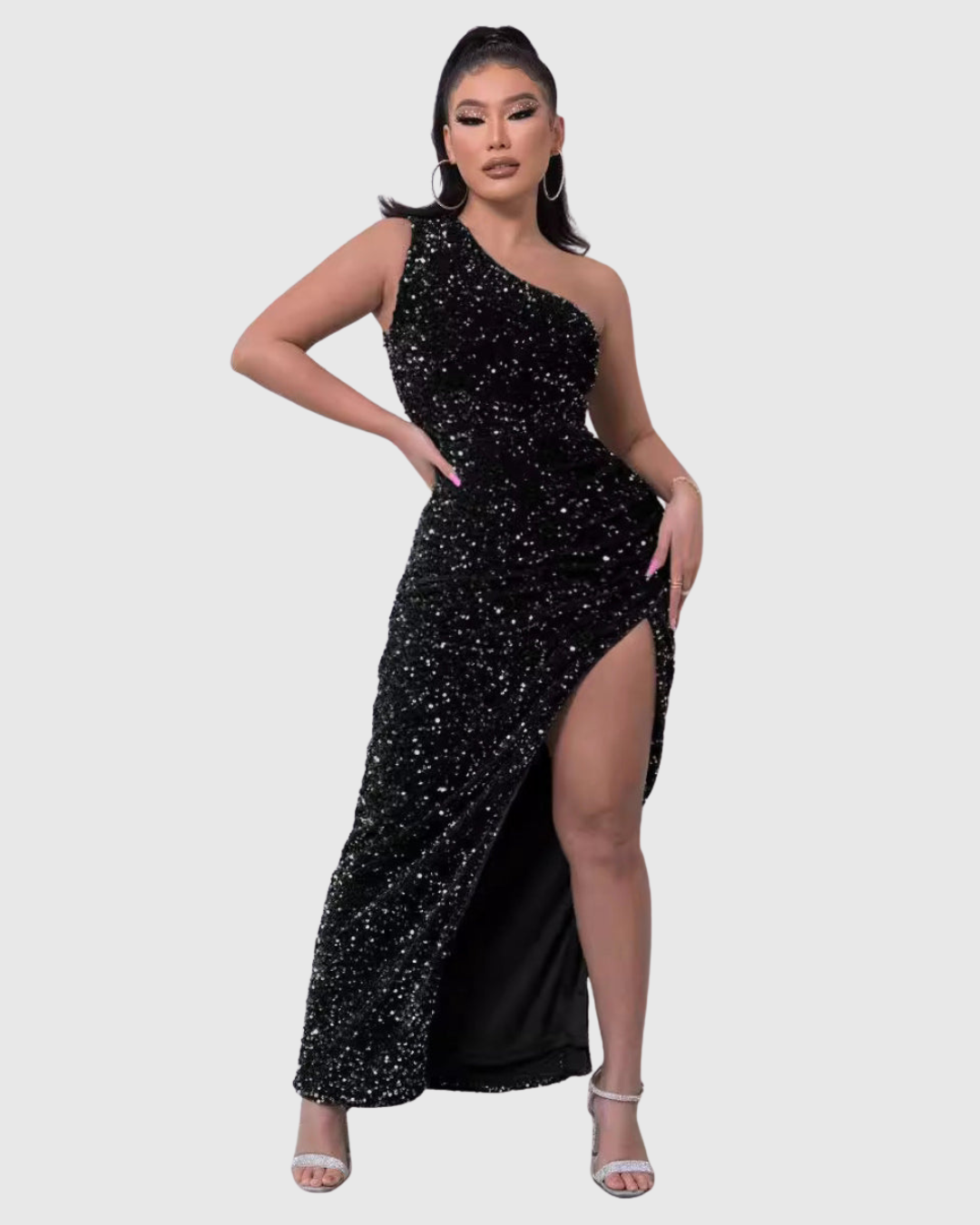 Fitted one-shoulder sequin homecoming dress for women, boasting a glamorous mermaid silhouette and a stylish slit.