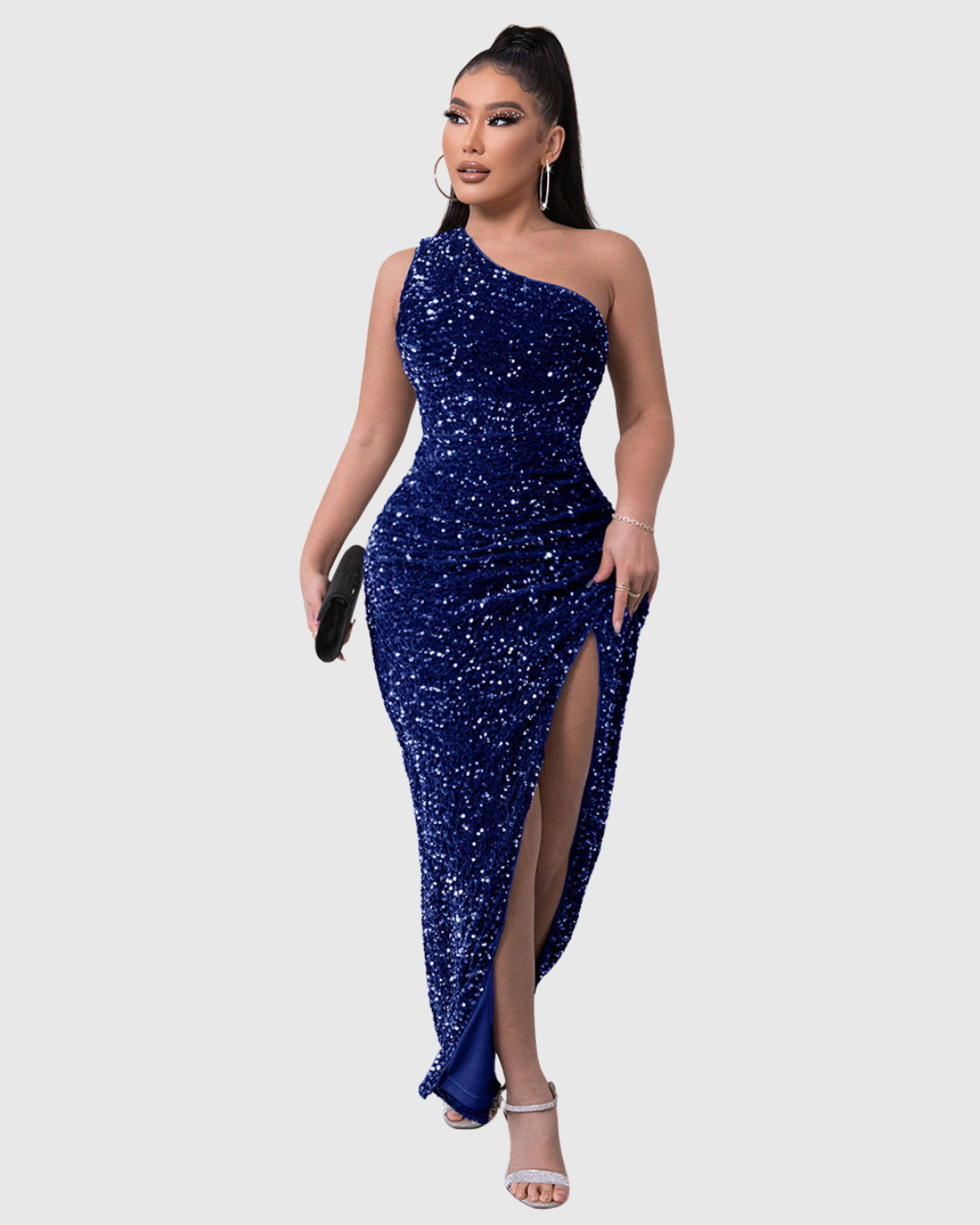 Shimmering women's one-shoulder sequin party dress. Perfect as a formal evening gown or a dazzling prom dress.