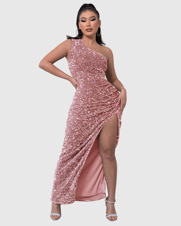 Women's elegant one-shoulder sequin homecoming dress. A glamorous fitted mermaid gown with a side slit for parties.