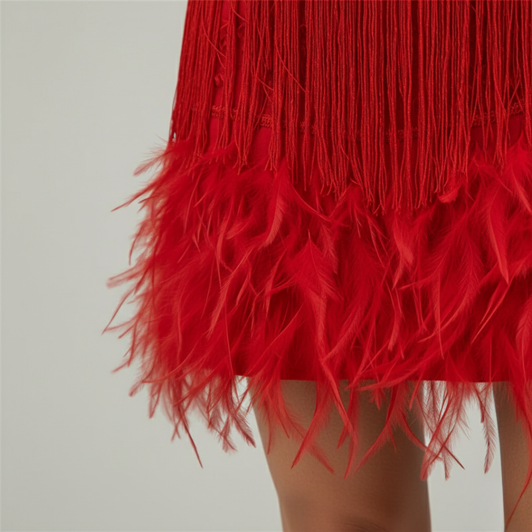 Sparkling women's sequin fringe cocktail dress. Sleeveless mini party dress for a glamorous evening look.