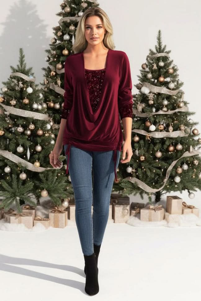 Glamorous women's sequin plunging neck top for evening parties & special occasions. Long sleeve party wear.