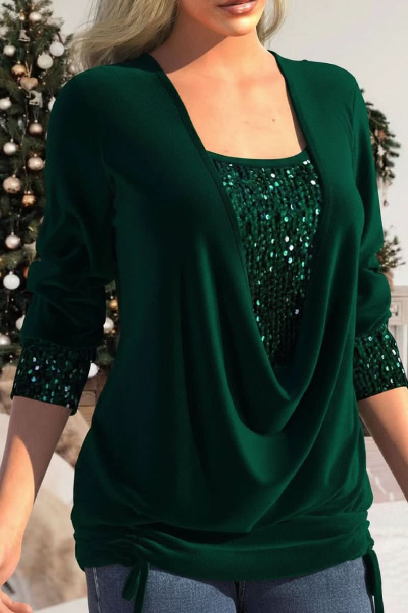 Women's statement sequin top with a bold plunging neckline & long sleeves. Glamorous evening & party wear.