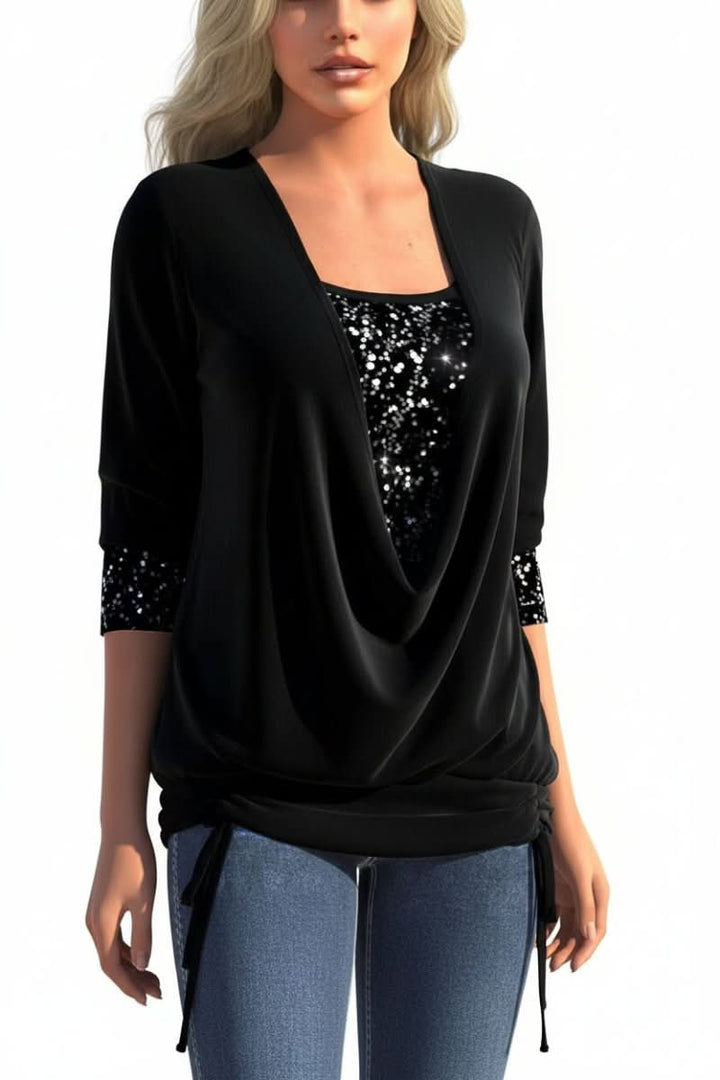 Elegant sequin long sleeve top for women, featuring a deep plunging neck. Ideal for glamorous evening & party.