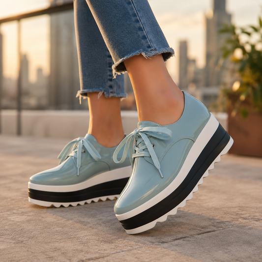 Glossy white women's platform sneakers, comfortable all-day wear with chunky sole.
