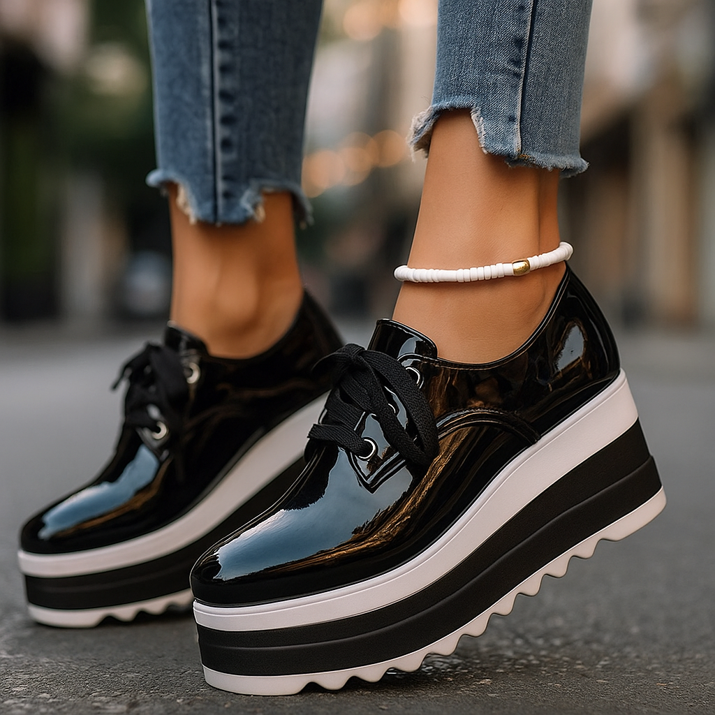 Fashionable women's glossy lace-up sneakers, providing orthopedic comfort & stylish platform.