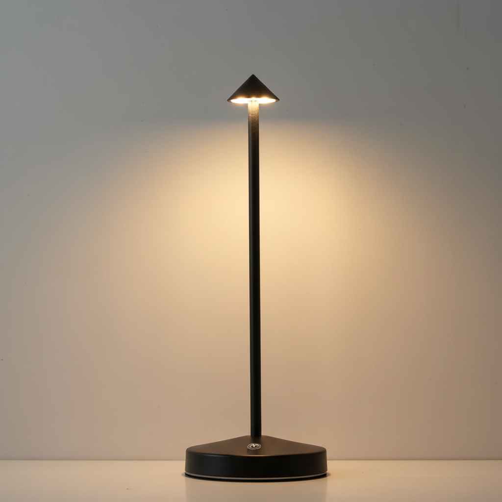 Sleek aluminum GlowArrow cordless LED table lamp providing modern mood lighting for bedroom or living room.