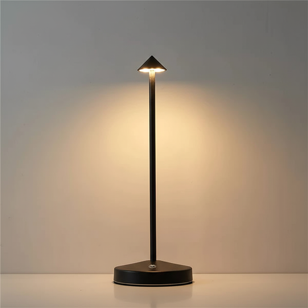 Cordless LED table lamp by GlowArrow, offering portable ambient light & modern style for bedrooms.