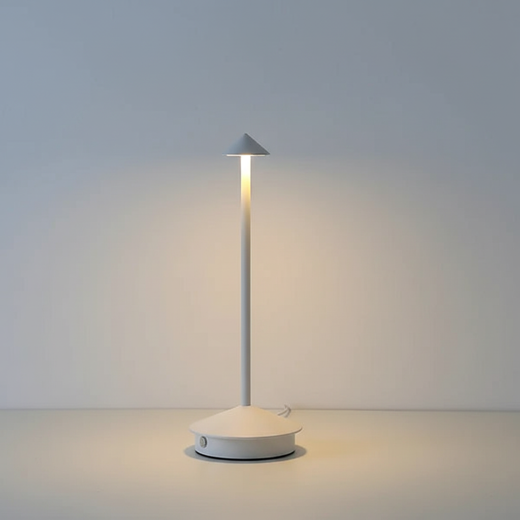 Modern aluminum LED table lamp, portable and cordless, ideal for stylish mood lighting in contemporary homes.