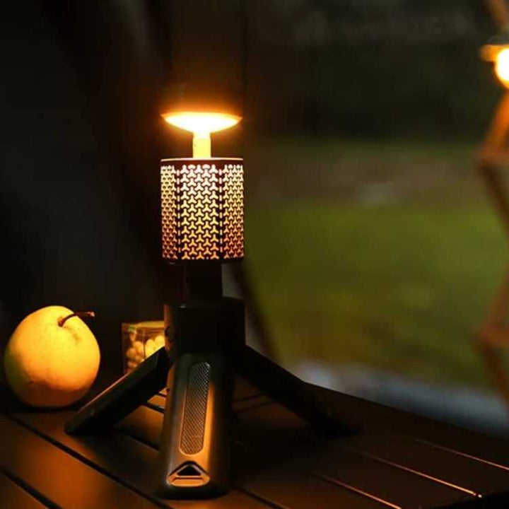 GlowMax Extendable Camping Tripod Lantern, rechargeable, with adjustable light for outdoor use.