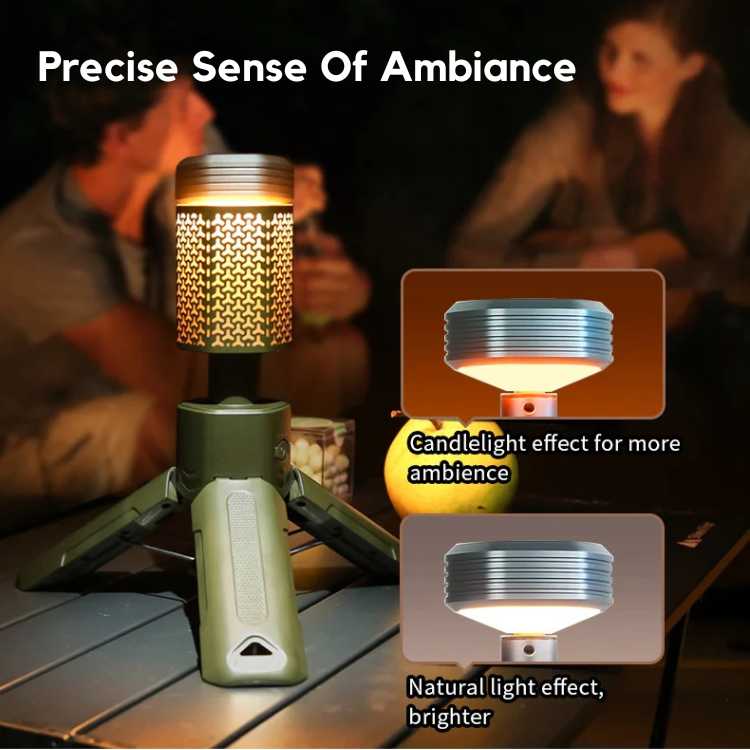 Collapsible GlowMax camping lantern tripod and light unit, designed for easy portability and storage.