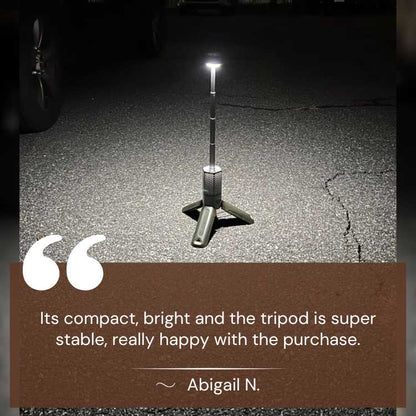Durable GlowMax rechargeable lantern with extendable tripod, perfect for diverse outdoor lighting needs.
