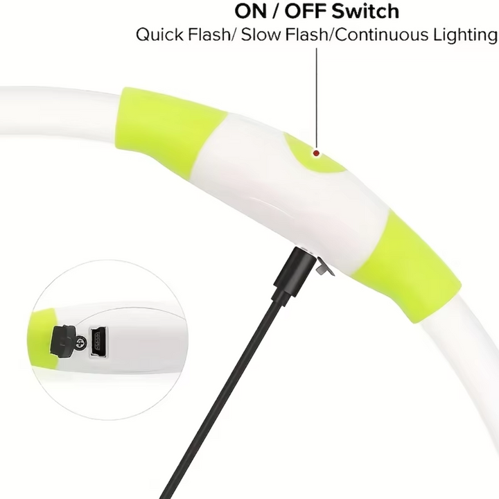 GlowSafe LED dog collar, perfect for night walks, ensuring pet visibility & security.