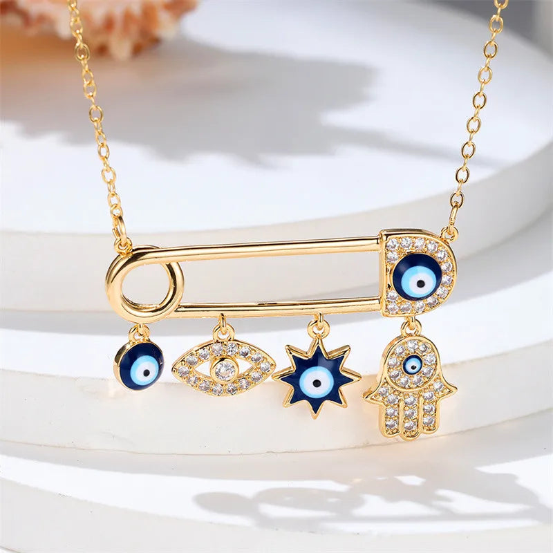 Gold plated women's Evil Eye pendant necklace with sparkling zircon, symbolizing protection and fashion.