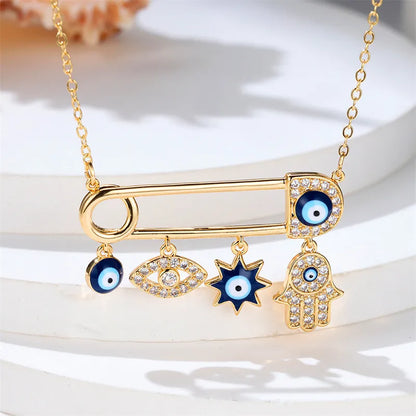 Gold plated women's Evil Eye pendant necklace with sparkling zircon, symbolizing protection and fashion.