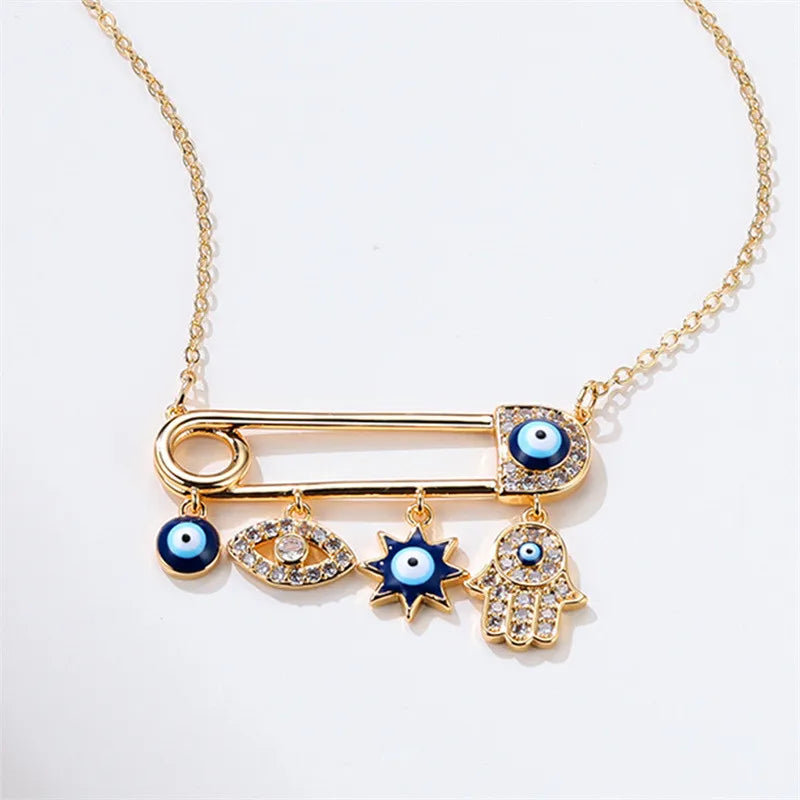 Blue Evil Eye pendant necklace for women, gold plated and embellished with bright zircon for protective fashion.