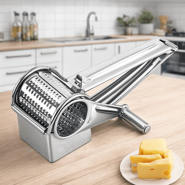 GRATE MOTION rotary grater for effortless cheese & vegetable shredding. Stainless steel kitchen prep tool.