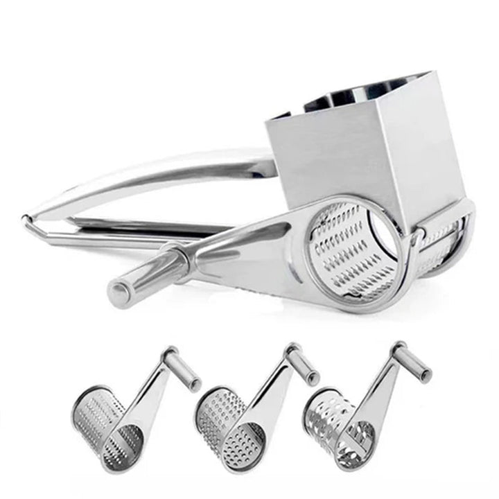 Modern GRATE MOTION stainless steel rotary grater, simplifying kitchen tasks for cheese and vegetables.
