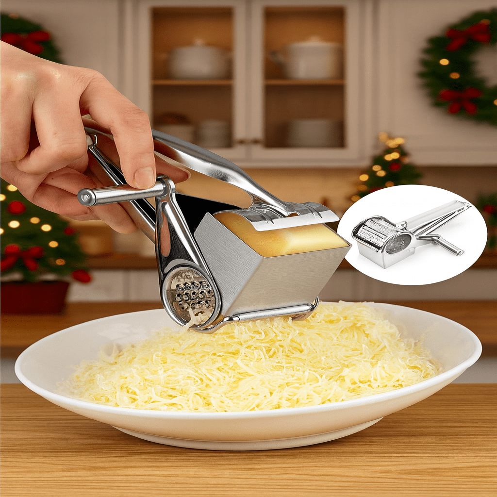 Ergonomic GRATE MOTION rotary vegetable slicer and shredder. Ideal kitchen tool for efficient cooking.