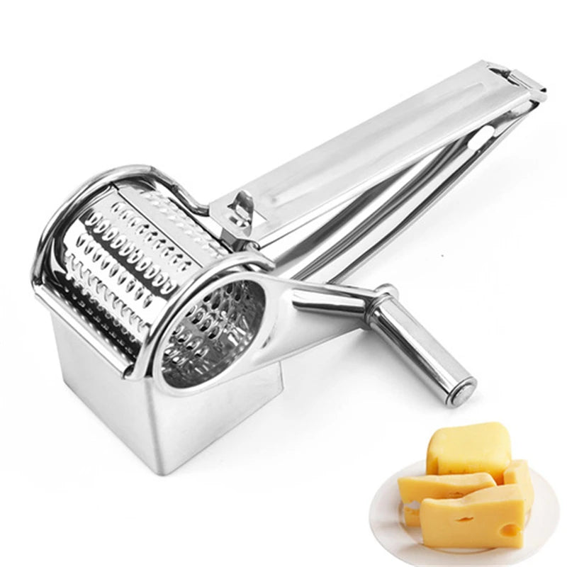 Woman effortlessly grating Parmesan cheese with a GRATE MOTION stainless steel rotary grater.