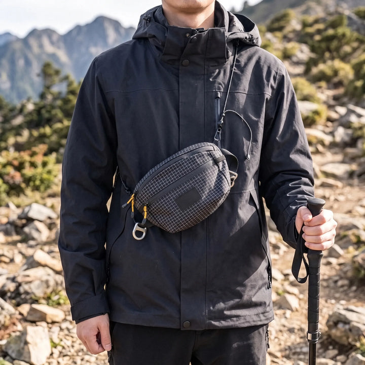 Gray unisex cross chest bag with grid pattern, ideal for daily essentials & versatile carry.