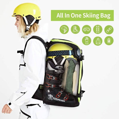 Green 50L ski snowboard travel backpack with fluorescent yellow accents for winter sports & outdoor gear
