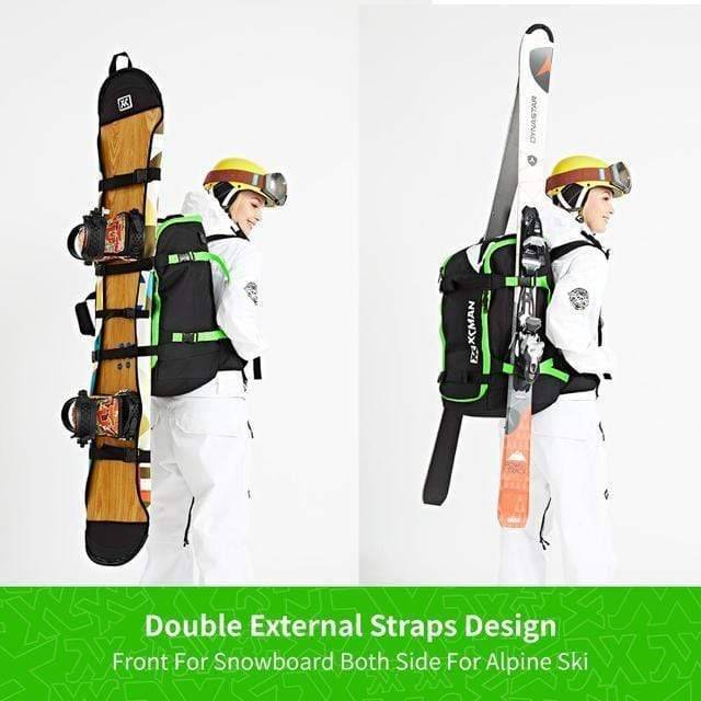 Unisex 50L polyester travel backpack designed for ski and snowboard gear, shown in a vibrant green color