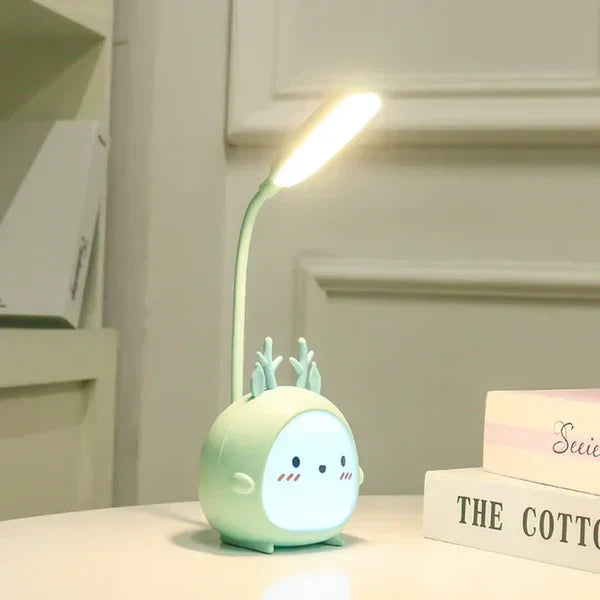 Gray deer children's reading lamp, eye-care technology, USB night light for a safe study space.
