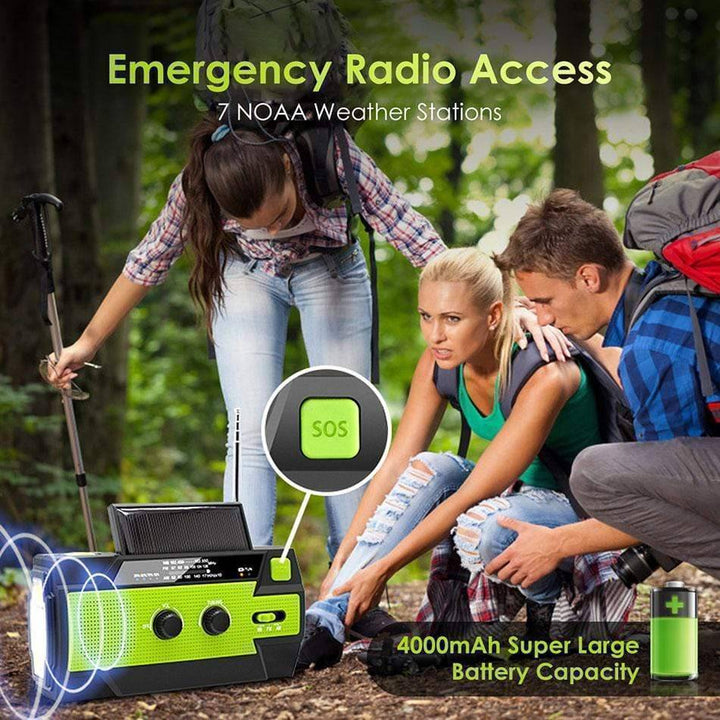 Green emergency weather alert radio with power bank and LED flashlight, essential survival gear.