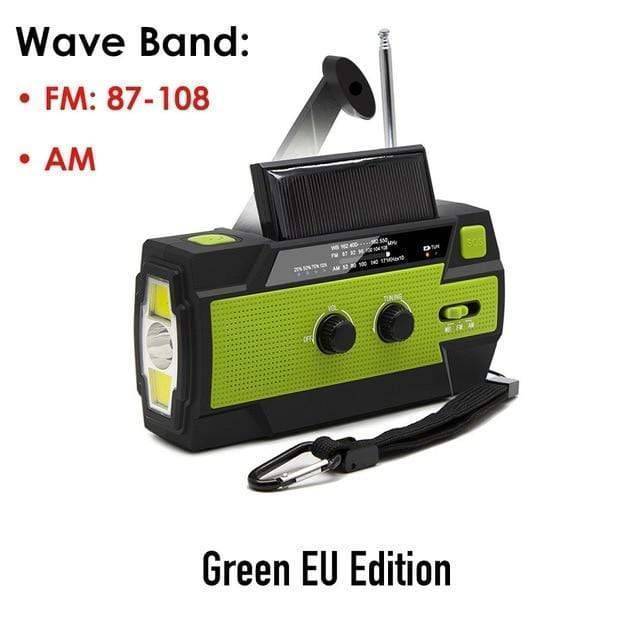 Portable green emergency radio with built-in power bank and bright LED light for outdoor camping.