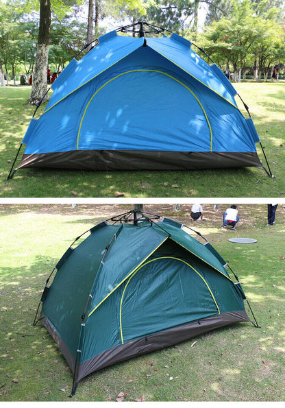 Close-up of waterproof fabric on a green instant pop-up camping and backpacking tent
