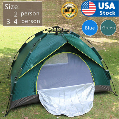 Family enjoying the ease of a green waterproof instant pop-up camping tent outdoors