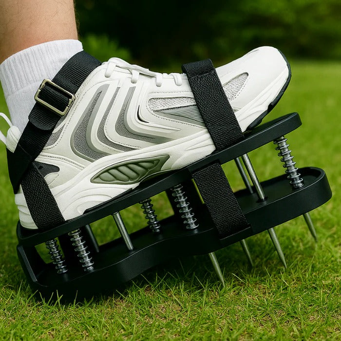 Green lawn aerator shoes with sturdy spikes for deep soil aeration, promoting healthy grass growth & yard maintenance.