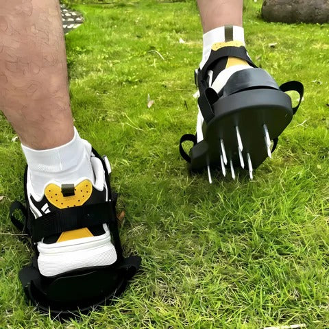 Durable lawn care aerator shoes with metal spikes, designed for effortless aeration & better water absorption.