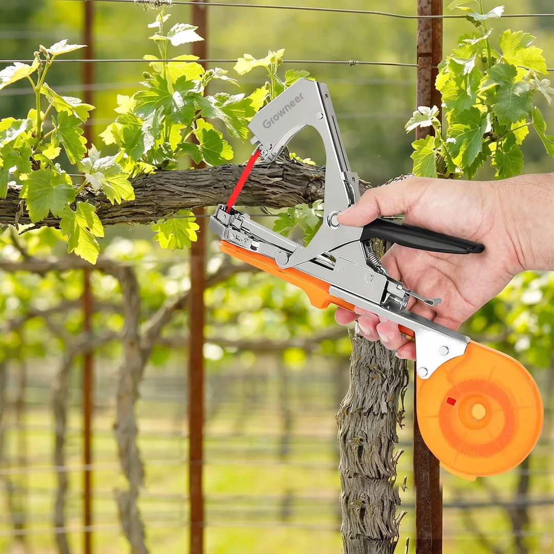 Efficient garden plant tying tool, simplifying vine support & trellising for healthy vegetable garden growth.