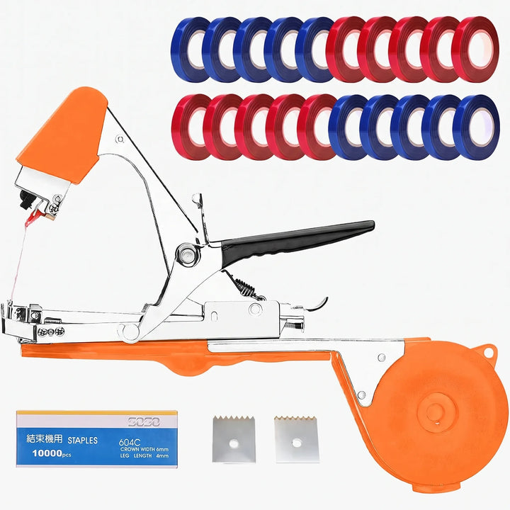 Compact green manual plant tying machine, an essential gardening tool for trellising & plant support.