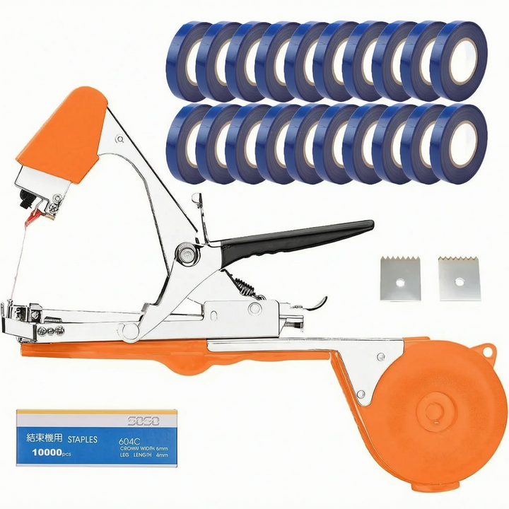 Garden plant tying tool kit, including the manual trellising machine with tape & staples for vine care.
