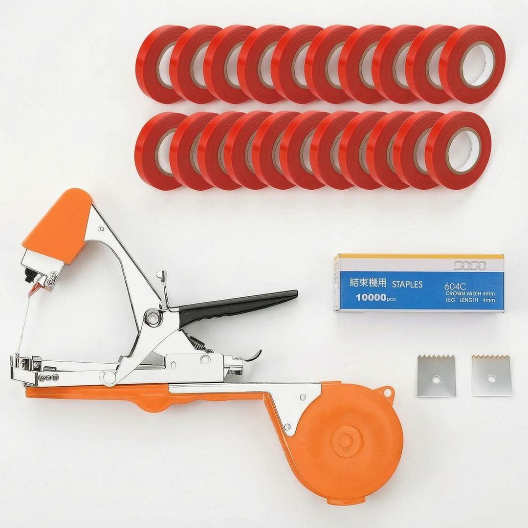 Ergonomic handheld garden tool for plant tying, ideal for trellising grapes, tomatoes, & other climbing plants.