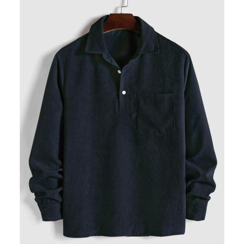 Close-up of a navy men's durable long-sleeve casual button-up shirt, showing prewashed fabric texture & classic design.