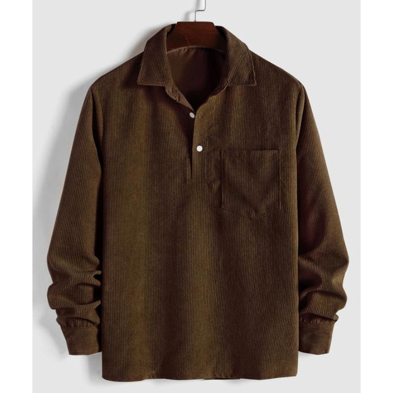 Brown men's durable long-sleeve button-up casual shirt styled for everyday wear, classic & versatile.