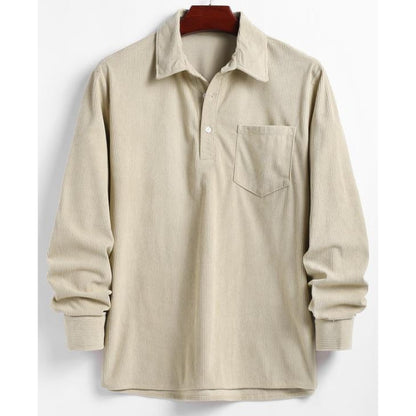 Beige men's durable long-sleeve button-up casual shirt, prewashed for a comfortable classic everyday fit.