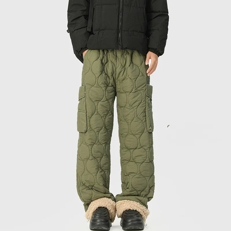 Black men's quilted winter pants, insulated & cozy, ideal for outdoor gear & casual cold weather wear.