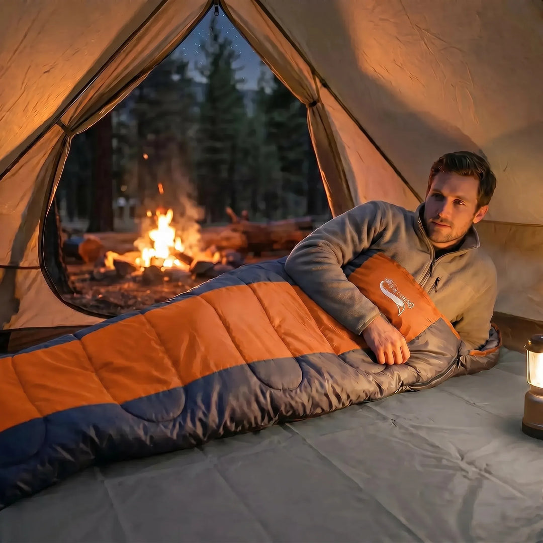 Green & orange envelope-style 4-season sleeping bag for camping and hiking. Warm and durable outdoor gear.